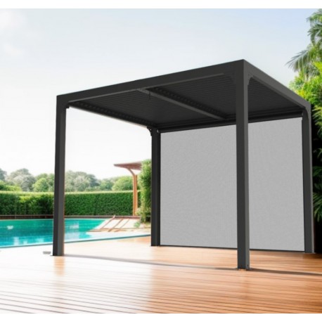 Bioklimatische Aluminium-Pergola 7,20 m2 mit Lamellen und Vorhang auf der 3 m Seite Habrita